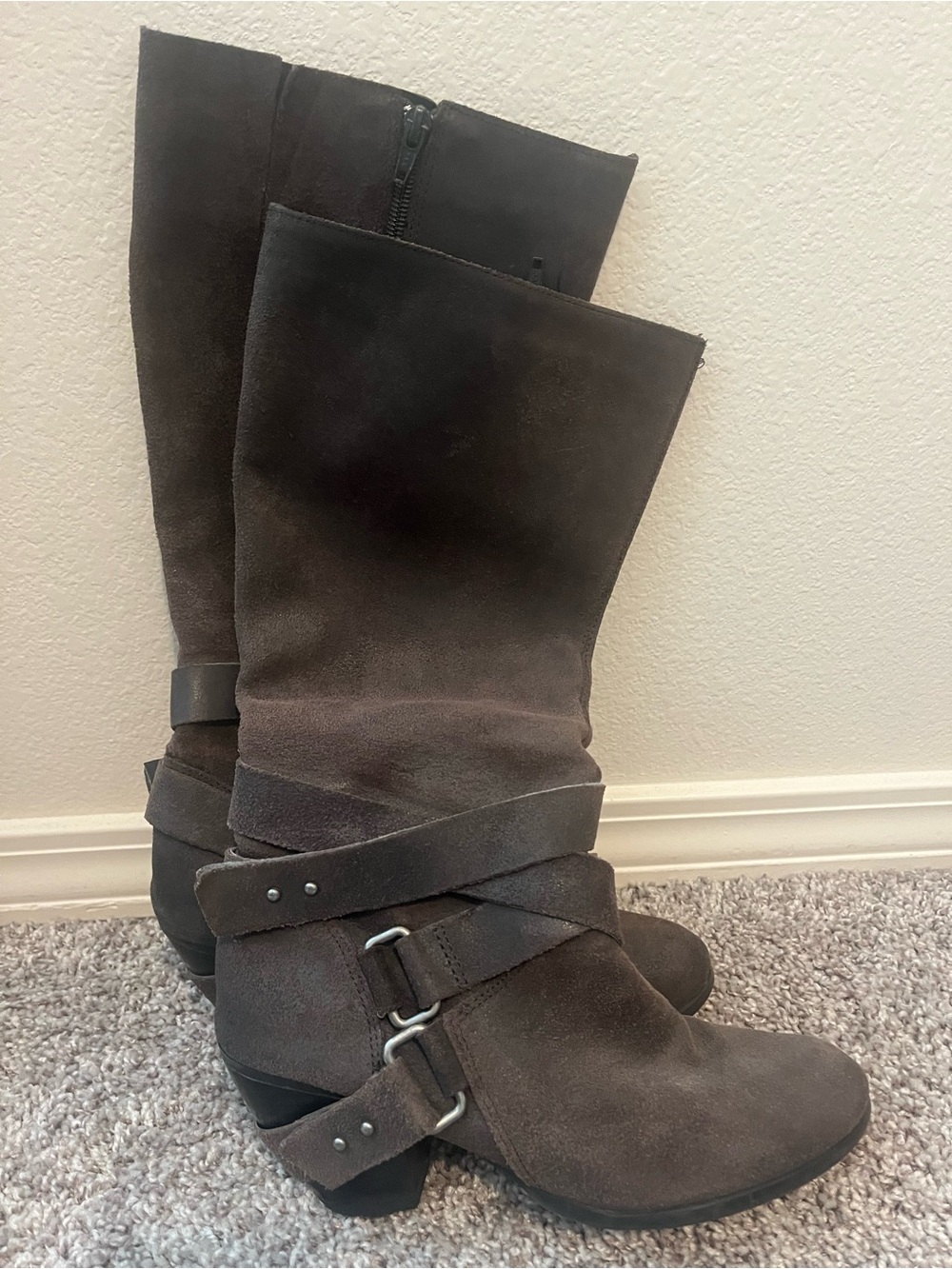 Fergie Dark Brown Suede Mid-Calf Buckle Heeled Boots